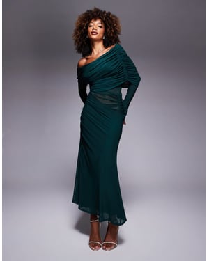 ASOS DESIGN långärmad slouchy bardot mesh mix maxiklänning i flaska-grön