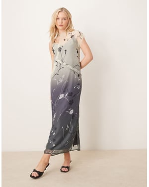 ASOS DESIGN asymmetric tie neck raw edge sheer midi dress in ombre floral print