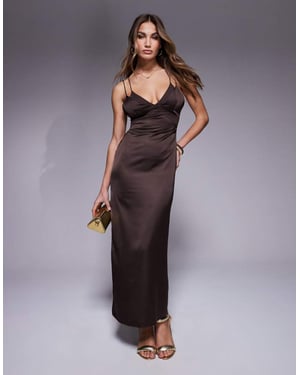 ASOS DESIGN satin midi dress with chiffon bust detail and cross back in chocolate brown