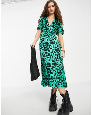 Topshop angel sleeve jacquard animal ruffle midi dress in green