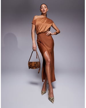 ASOS DESIGN one shoulder midi dress with cowl back grosgrain detail in rust