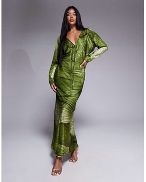 ASOS DESIGN batwing sleeve midi dress with tie front in green abstract leaf print