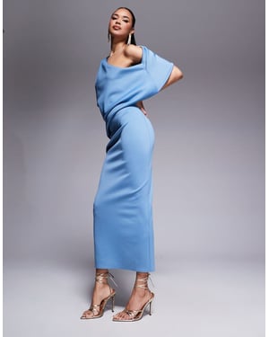ASOS DESIGN pleated fallen shoulder midi dress with asymmetric back in pale blue in scuba-style fabric