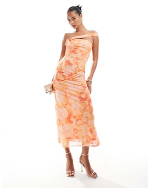 ASOS DESIGN mesh asymmetric strap detail bandeau midi dress in orange floral print