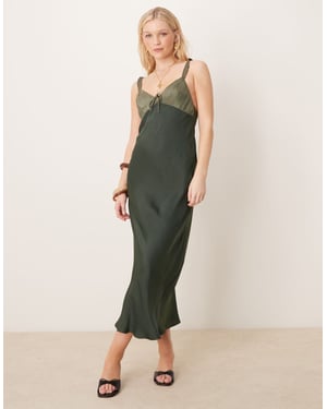 ASOS DESIGN contrast bust cup frill satin midi dress in green colour block