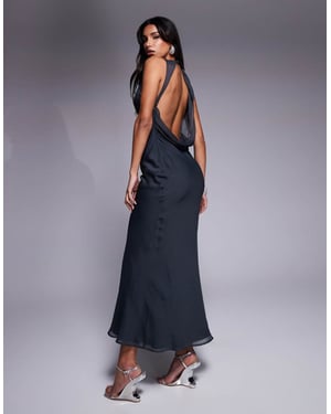 ASOS DESIGN asymmetric neckline midaxi dress with draped back detail in slate