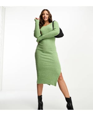 ASOS DESIGN Lång fyrkantig halsringning stickad midiklänning i texturerad garn i khaki