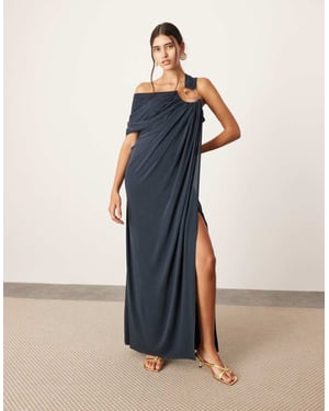 ASOS EDITION asymmetrisk hals maxi klänning med spiraldekoration i mörkblå