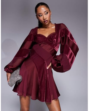 ASOS DESIGN velvet panelled lace trim mini dress with open back in burgundy