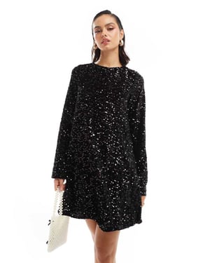Pieces sequin mini dress with ribbon bow back in black