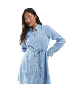 JDY Petite tie waist denim mini dress in light blue wash