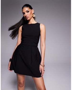 Vesper bengaline high neck pleated skirt mini dress in black