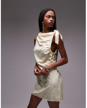 Topshop tie shoulder jacquard mini dress in buttermilk