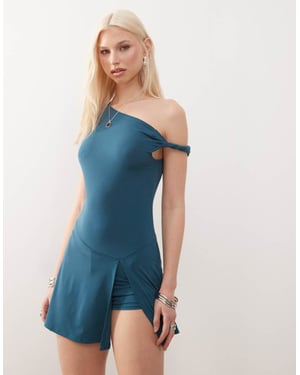 Reclaimed Vintage slinky skort dress with twist shoulder detail in midnight blue - MBLUE