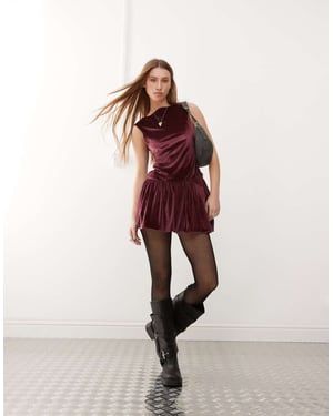 Reclaimed Vintage velvet puffball mini party dress in burgundy