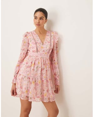 Vila ladder lace frill detail mini dress in peach floral print