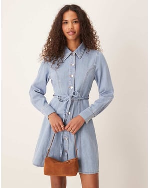 JDY belted denim mini dress in light wash blue
