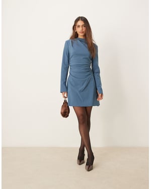 ASOS DESIGN bengalinsk höghalstopp långärmad miniklänning med rynkdetalj i denimblå