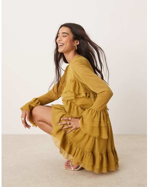 ASOS DESIGN långärmad volang lager mini klänning i ockra