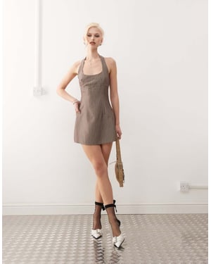 Motel Vellura halter pinstripe mini dress in taupe