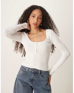 Gina Tricot jersey long sleeve with concealed front button detail in off white