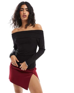 Pieces long sleeve off shoulder top in black glitter