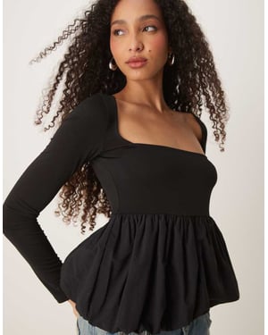 Gina Tricot jersey long sleeve top with woven puff ball hem in black