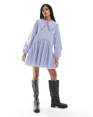 Miss Selfridge stripe oversized collar smock dress in blue stripe