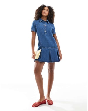 ASOS DESIGN denim shirt dress with dropped waist pleated panel