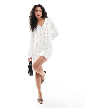 Miss Selfridge knitted crochet lace button up long sleeve summer dress in cream