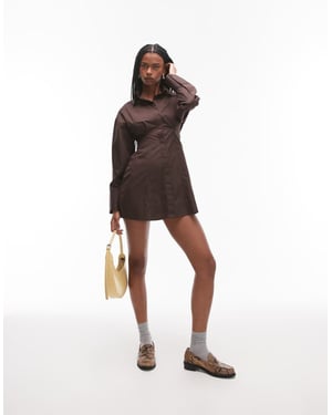 Topshop cinched poplin shirt dress in brown