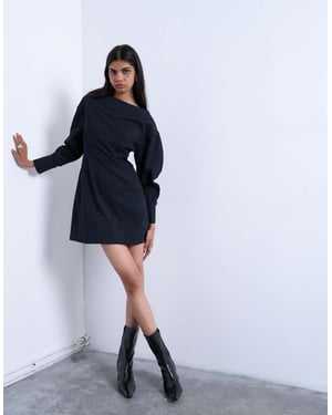 Topshop poplin barrel sleeve cinch dress in black