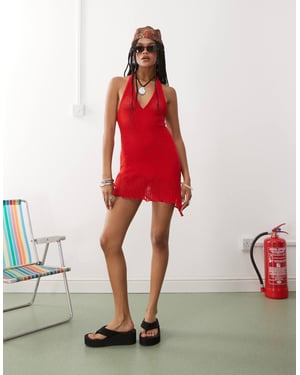COLLUSION crotchet knitted halter dress in red