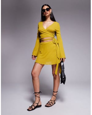 ASOS DESIGN co-ord ruffle mesh wrap mini skirt with side knot detail in chartreuse