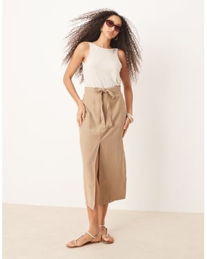 JDY tie waist midi skirt in beige