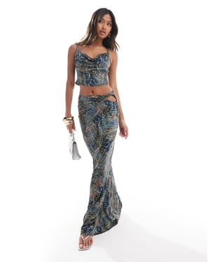 ASOS DESIGN co-ord slinky cut out hip maxi skirt in blue print