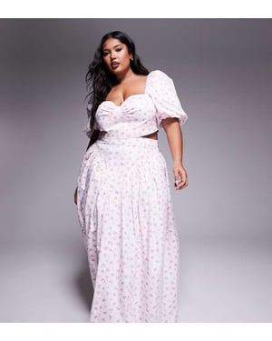 ASOS LUXE Curve co-ord cotton sateen maxi skirt with bow back in ditsy floral