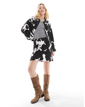 Object stretch denim mini skirt co-ord in black cow print