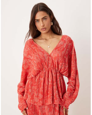 YAS floral printed plunge front plisse top co-ord in red and pink