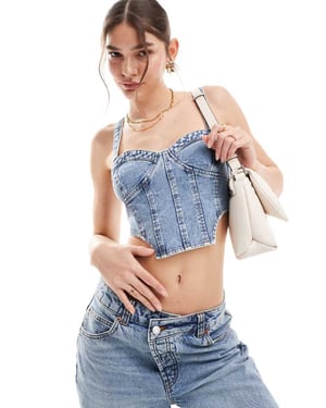 Miss Selfridge denim söm-ärm top i blå syra tvätt