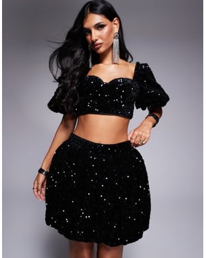 ASOS LUXE sammet berikad co-ord puffärmad topp i svart paljetter