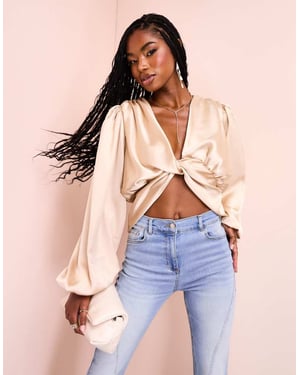ASOS LUXE satin draperad twist front topp i ostron