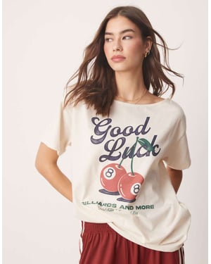 Hollister slash neck t-shirt with lucky cherry print in beige