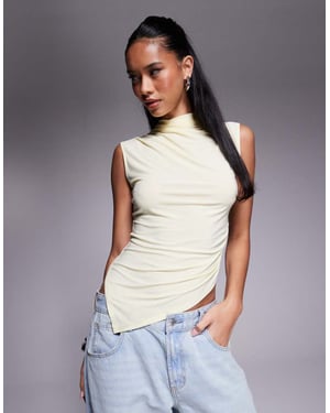 ASOS DESIGN grown on high neck gathered asymmetrical hem top in buttermilk yellow - YELLOW