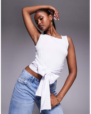 ASOS DESIGN brushed asymmetric neck short sleeve top with tie waist detail in white