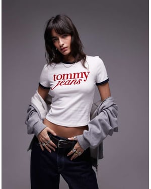 Tommy Jeans script ringer t-shirt in off white and navy