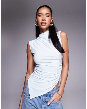 ASOS DESIGN grown on high neck gathered asymmetrical hem top in pastel blue
