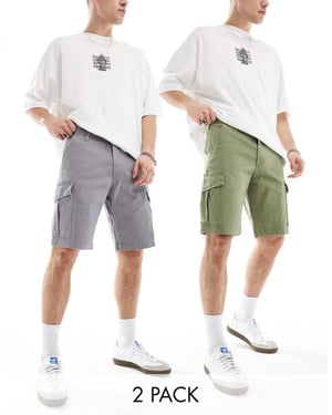 Jack & Jones 2-pack cargoshorts i grå och khaki