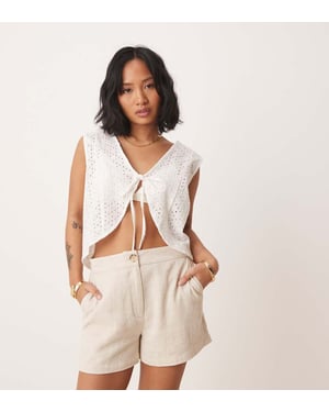 ASOS DESIGN Petite relaxed dad shorts with linen in stone