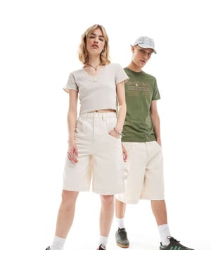 Återvunnen vintage unisex längre denim snickarshorts i ecru